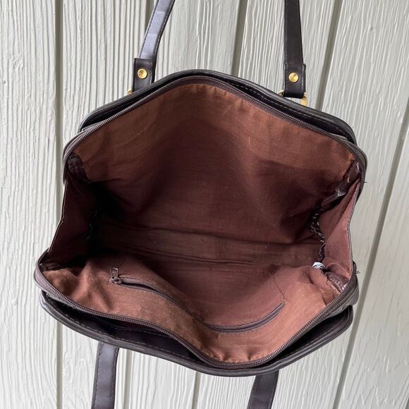 VTG 80s Genuine Leather Patchwork Tote Shoulder Bag Brown Multi Boho - Picture 7 of 11